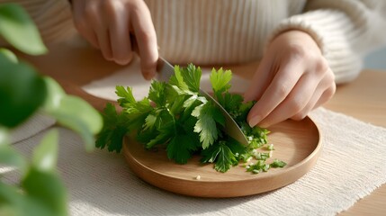 Chopping fresh herbs on a wooden plate in a cozy kitchen setting.