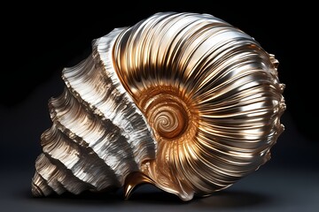 Abstract spiral swirl, like a shell or wind vortex, formed in concentric brushed metal bands — alternating gold and rose bronze finishes to enhance depth and light reflection, metalic work 