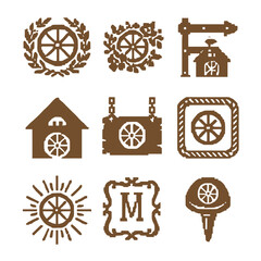 Rustic Pixel Art Icons. Pixel art icon set of wagon wheel decorative motifs: wreath wheel, floral wreath, barn door hinge,