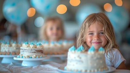 A cheerful girl smiles brightly in a festive atmosphere surrounded by beautifully decorated birthday cakes, capturing the essence of celebration and happiness.