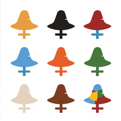 Scarecrow Hat Icons. Solid, Filled icon set of scarecrow hat color variations: natural straw, pitch black, deep red, sky blue,