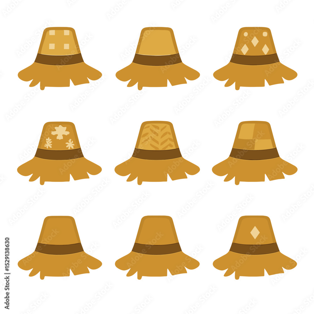 Poster scarecrow hat patterns. flat icon set of scarecrow hat patterns: gingham check, vertical stripe, pol