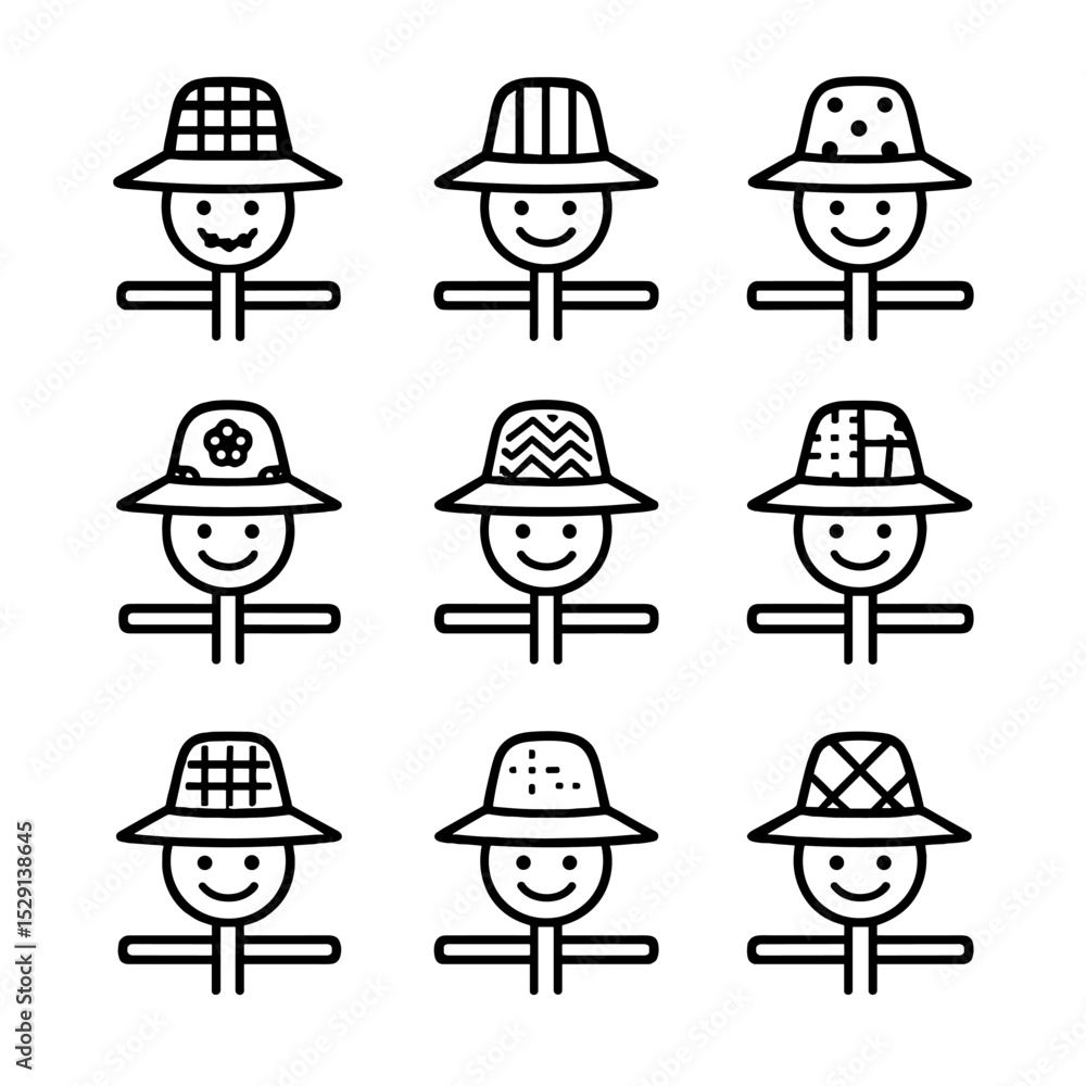 Poster scarecrow hat patterns. outline icon set of scarecrow hat patterns: gingham check, vertical stripe, 