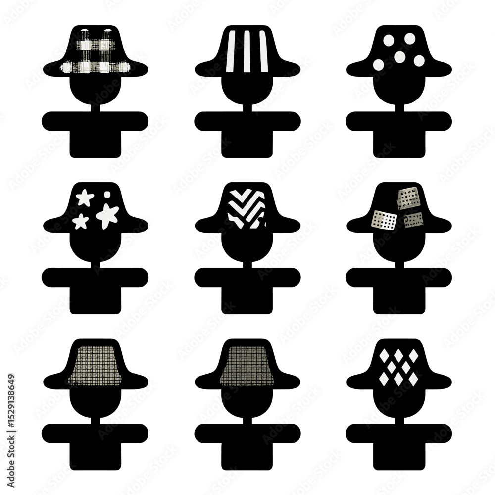 Poster scarecrow hat patterns. solid, filled icon set of scarecrow hat patterns: gingham check, vertical st
