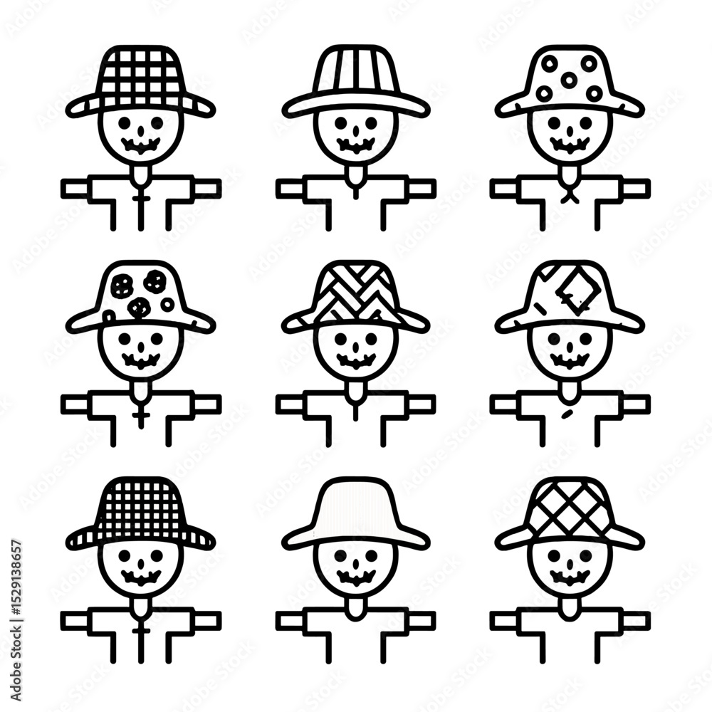 Poster scarecrow hat patterns. outline icon set of scarecrow hat patterns: gingham check, vertical stripe, 