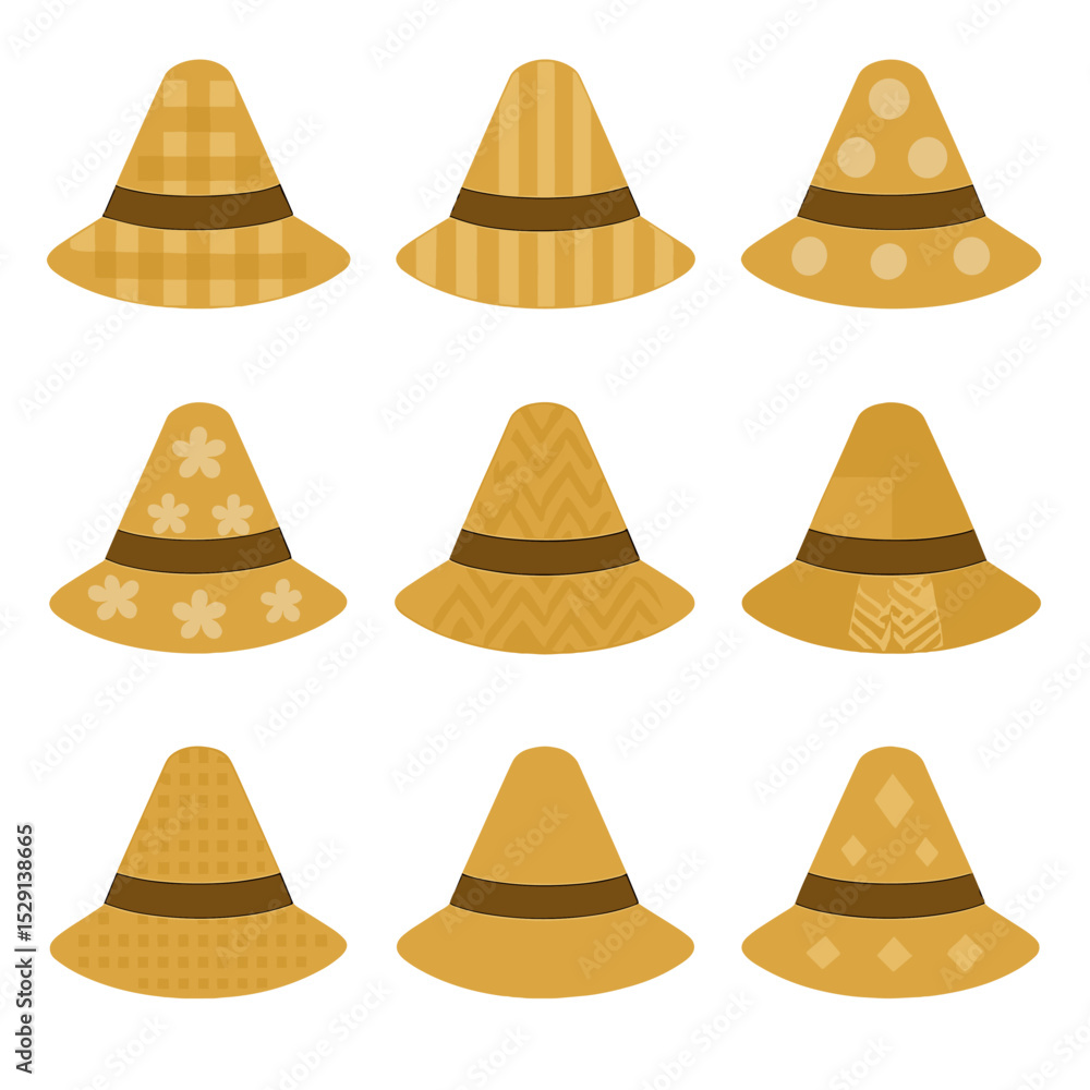 Poster scarecrow hat patterns. flat icon set of scarecrow hat patterns: gingham check, vertical stripe, pol