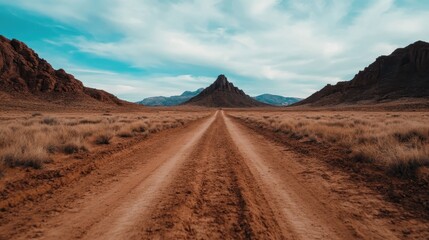 Naklejka premium A winding, dusty trail stretches across a vast landscape, flanked by rocky mountains and open skies, representing the spirit of adventure, exploration, and the beauty of nature's pathways.