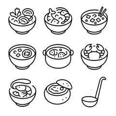 Seafood Soup Icons. Outline icon set of seafood soups: clam chowder, bouillabaisse, miso soup, gazpacho, fish stew, crab bisque,