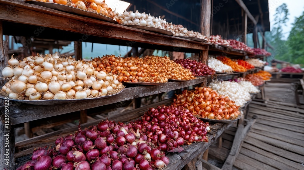 Poster this vibrant display showcases an array of fresh onions in various colors neatly arranged on wooden 