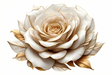 Single sculpted white rose in high relief, with a delicate spine traced in brushed gold — floating gently on a matte white background for a soft, graceful focal point.