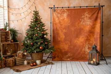 Cozy Christmas scene with a decorated tree, wrapped gifts, string lights, and a lantern against a warm textured backdrop in a rustic indoor setting.