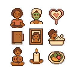 Self-Love Icon Set. Pixel art icon set of self-love: meditation, spa mask, heart mirror, journal, self portrait, bubble bath, yoga