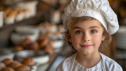A cute young chef wearing a traditional hat and apron smiles warmly amidst a bustling bakery backdrop filled with assorted pastries, emanating joy and culinary passion.