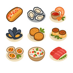 Shellfish Delights Grid. Flat icon set of shellfish dishes: lobster roll, oysters, shrimp cocktail, mussels, crab cakes, scallops,