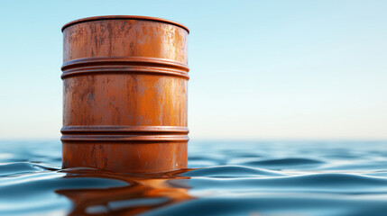 Naklejka premium Rusty oil barrel floating in ocean water Rusty metal oil barrel floating in open ocean, symbolizing environmental pollution, marine contamination, and ecological hazards