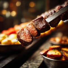 closeup shot ready to serve churrasco with shallow  soft natural light