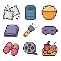 Sleepover Party Icons. Pixel art icon set of sleepover party: pillow fight, sleeping bag, popcorn bowl, blanket, flashlight,