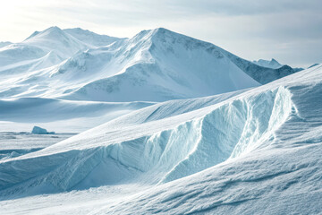 Snow-covered mountains under a clear sky with smooth ice formations and rugged peaks.