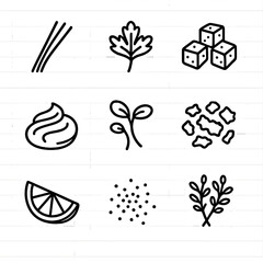 Soup Garnish Icons. Outline icon set of soup garnishes: chives, parsley sprig, croutons, cream swirl, microgreens, crumbled bacon,