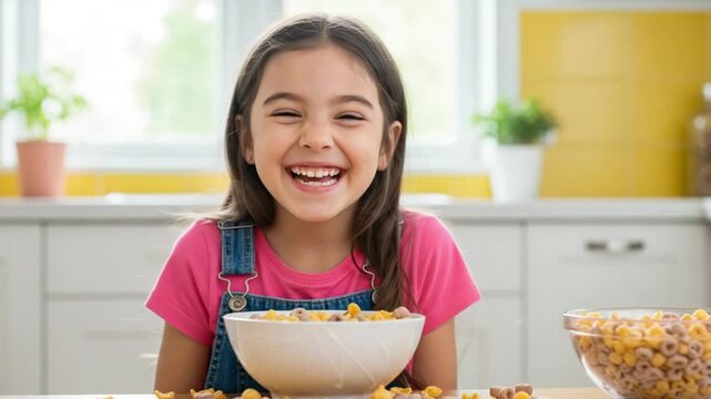Child Giggling Alone After Spilling Bowl of Cereal, Playful Childhood Moment