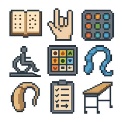 Special Education Icons. Pixel art icon set of special education support: braille book, sign language hand, sensory toy,