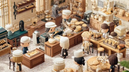 Bakery shop cartoon animation cute characters baking bread pastry sweets kitchen interior food illustration