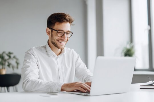 A handsome man in a shirt and glasses is sitting at a white table with a laptop, smiling while working on a digital marketing project in a modern office room with copy space.
