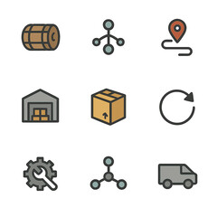 Supply Chain Icons. Flat icon set of circular supply chain: raw material bale, supplier network map, logistics route marker,