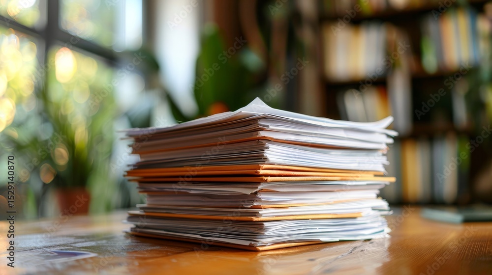 Poster this image captures a neatly organized stack of documents resting on a wooden desk, surrounded by gr