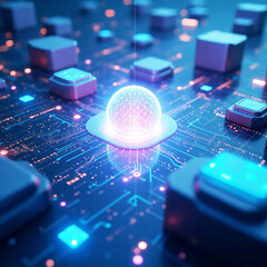 Futuristic AI Chip and Digital Circuit in Neon Light Technology Background