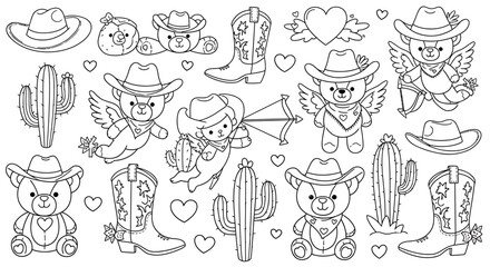 Cute Cowboy Valentine's Day Doodle Set - Kawaii Western Vector Illustrations