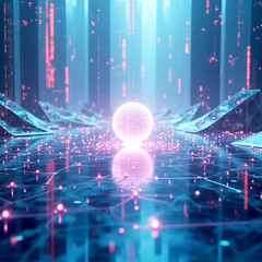 Glowing AI Orb in Futuristic Digital Environment with Neon Data Streams