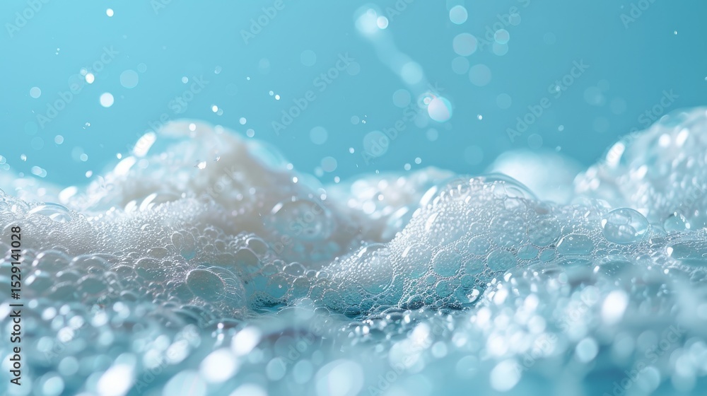 Poster a mesmerizing close-up of soft, white bubbles floating against a serene blue background, conveying f