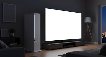 Modern Home Theater at Night with Blank Screen TV