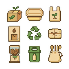 Sustainable Packaging Icons. Pixel art icon set of sustainable packaging: biodegradable box, reusable container, compostable bag,