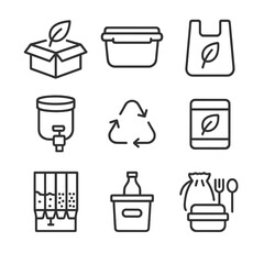 Sustainable Packaging Icons. Outline icon set of sustainable packaging: biodegradable box, reusable container, compostable bag,