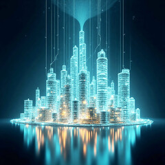 Futuristic Smart City Skyline with Digital Data Streams and Neon Light Technology
