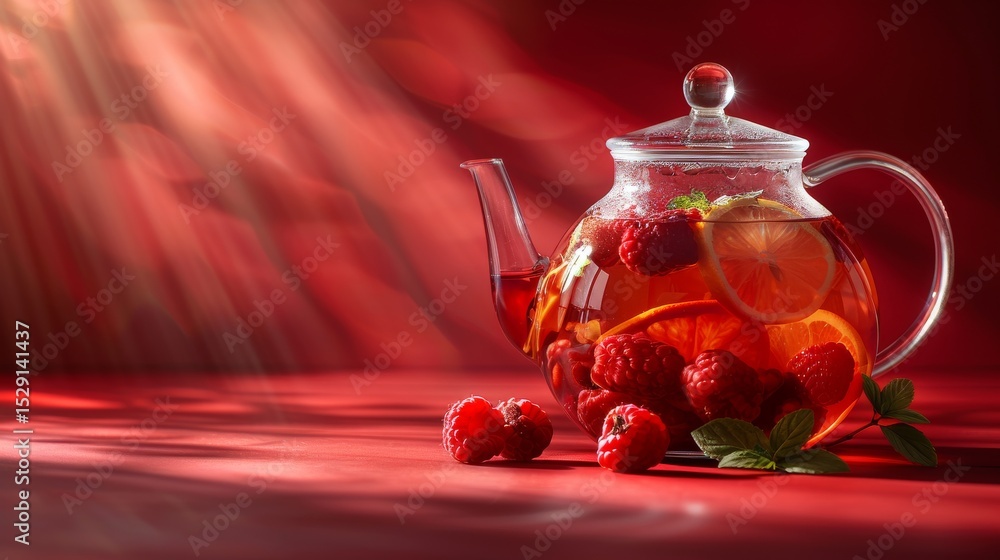 Poster a visually appealing glass teapot filled with refreshing raspberry and citrus tea, garnished with fr