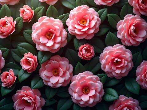 Blooming pink camellia flowers and dark green leaves creating a stunning floral pattern