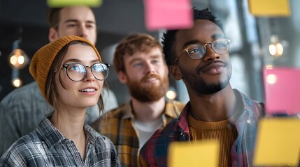 Diverse team brainstorming ideas on glass wall using sticky notes in office space