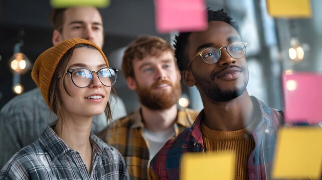 Diverse team brainstorming ideas on glass wall using sticky notes in office space