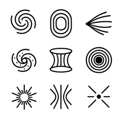 Time Vortex Icons. Outline icon set of time vortex representations: swirling vortex, tunnel outline, light trail, spiral galaxy,