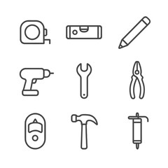 Tool Icon Collection. Outline icon set of installation tools: tape measure, spirit level, pencil, drill, wrench, pliers, stud