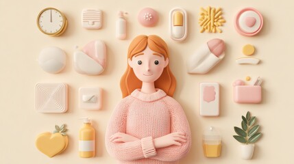 Daily Self-Care Habits Illustrated in a Clay 3D Style Featuring a Calm Female Character and Symbolic Icons for Wellness
