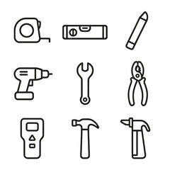 Tool Icon Collection. Outline icon set of installation tools: tape measure, spirit level, pencil, drill, wrench, pliers, stud