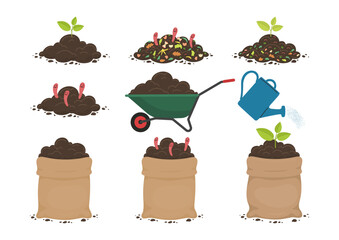 Farming and agriculture set. Soil with young plant, worms, compost. Soil in bags and wheelbarrow. © N.Savranska