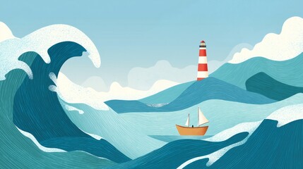 Colorful waves crash against one another while a small sailing boat moves through the water, close to a red and white lighthouse standing tall against the clear sky