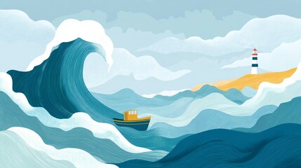 Swells of ocean waves rise dramatically as a small boat navigates through them, positioned near a striped lighthouse on a sandy shore, set against a cloudy backdrop