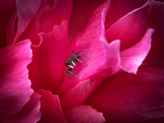 Araignée sauteuse (Heliophanus) sur pivoine rose – Photo macro