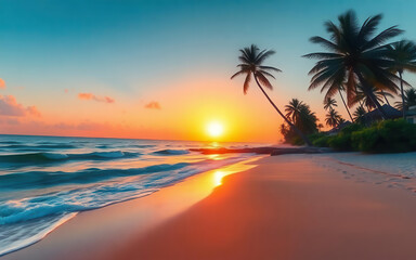 Fototapeta premium Tropical beach sunset with palm trees and ocean waves